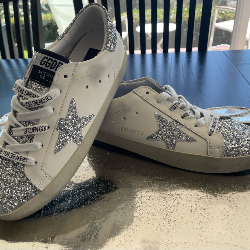 Golden Goose Silver and White Distressed Sneakers